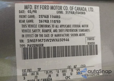 1998 Mercury Grand Marquis из США, поврежденный, VIN 2MEFM75W2WX650946